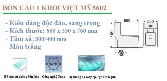Tinh năng nổi bật bồn cầu 1 khối Việt Mỹ 5602